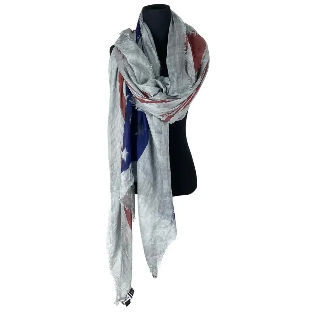 nwot YIGAL AZROUEL Scarf 72”x53”ITALY Cashmere Graphic Flag-USA Logo Fringe-Hem